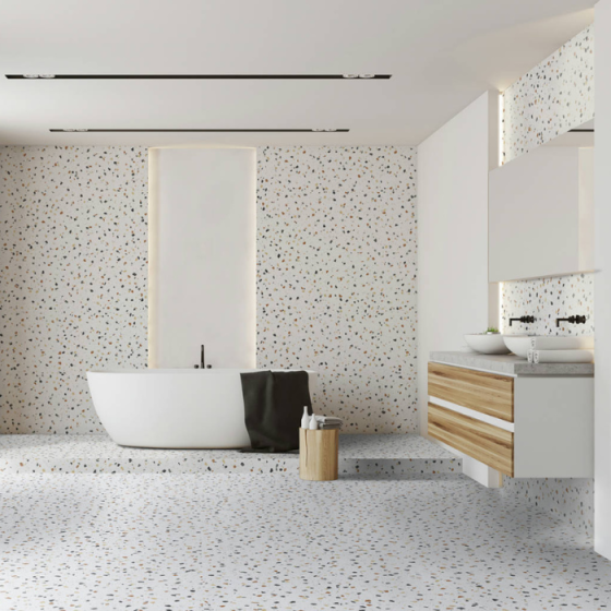 Πλακάκι γρανίτη Keros Galaxy Blanco 59,6×59,6 σε μωσαϊκό σχέδιο με ματ φινίρισμα