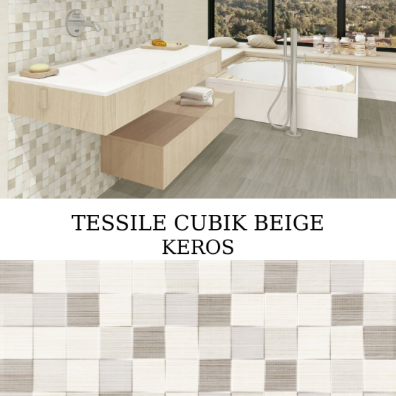 Κεραμικό πλακάκι τοίχου με ανάγλυφη γεωμετρική υφή cubik και μπεζ ματ φινίρισμα από τη σειρά Tessile της KEROS.